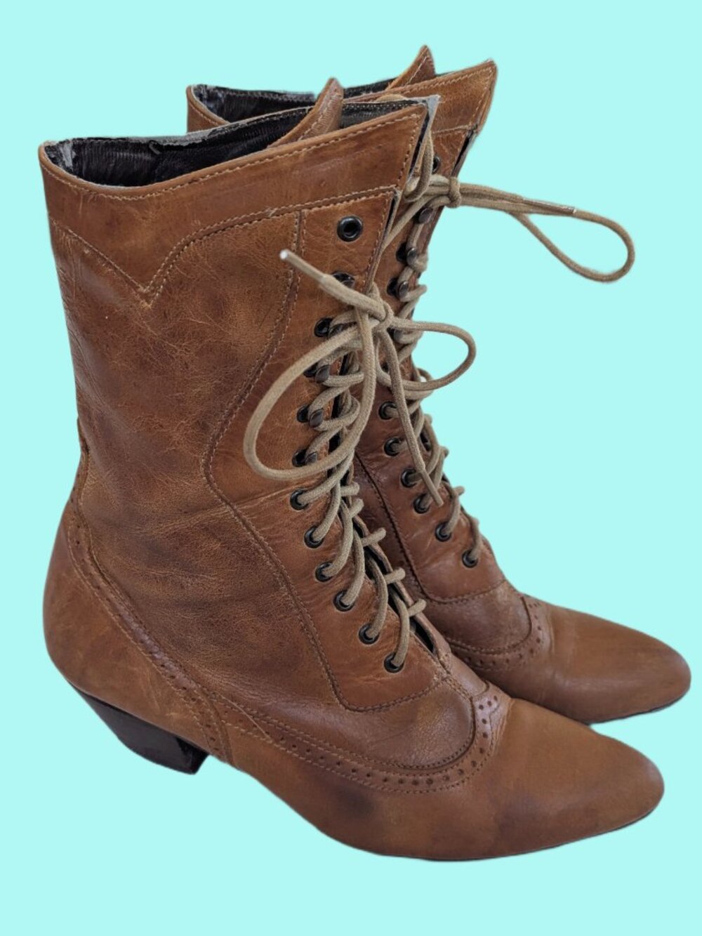 Oak Tree Farms Vintage Brown Leather Lace Up Point Toe Boots - Women's Size 7.5
